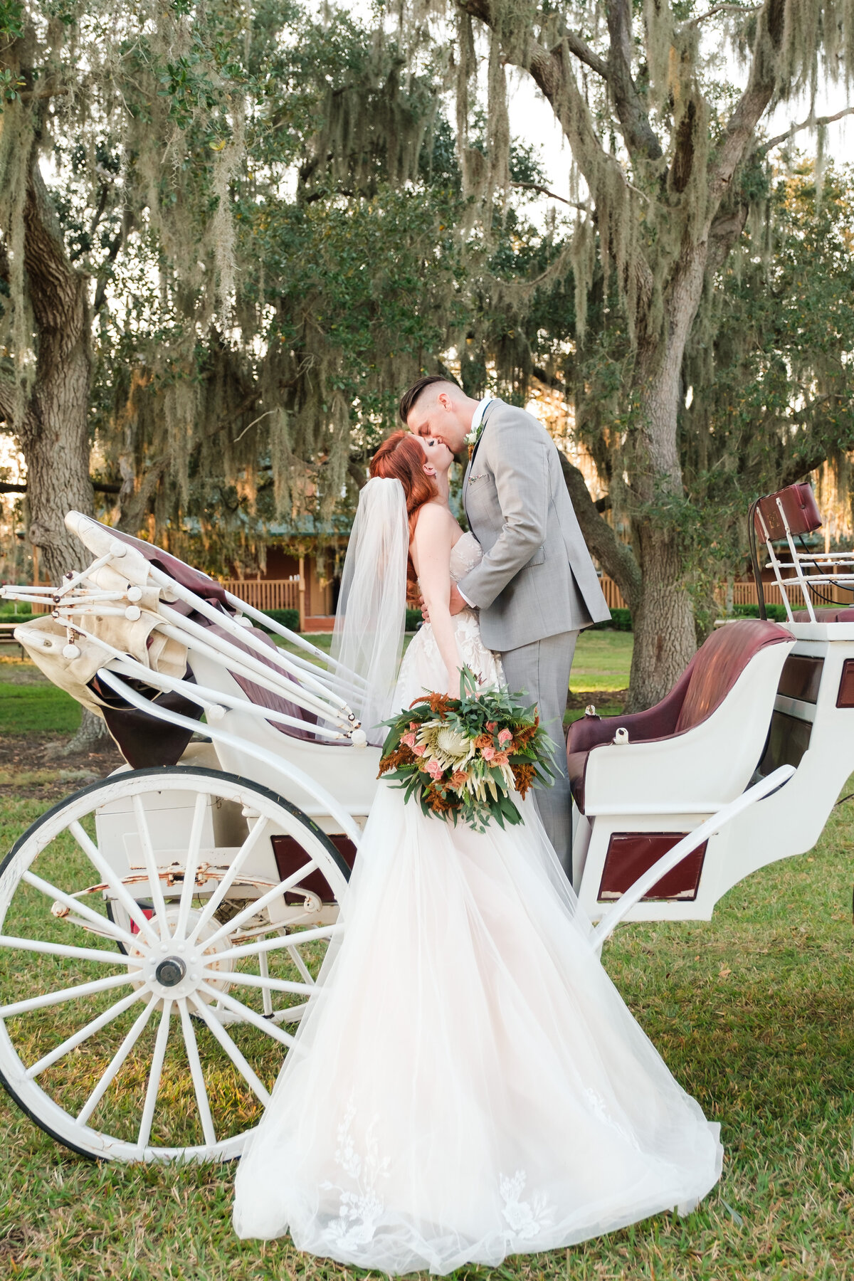 Bride and Groom kissing on a horse drawn carriage at Cross Creek Ranch