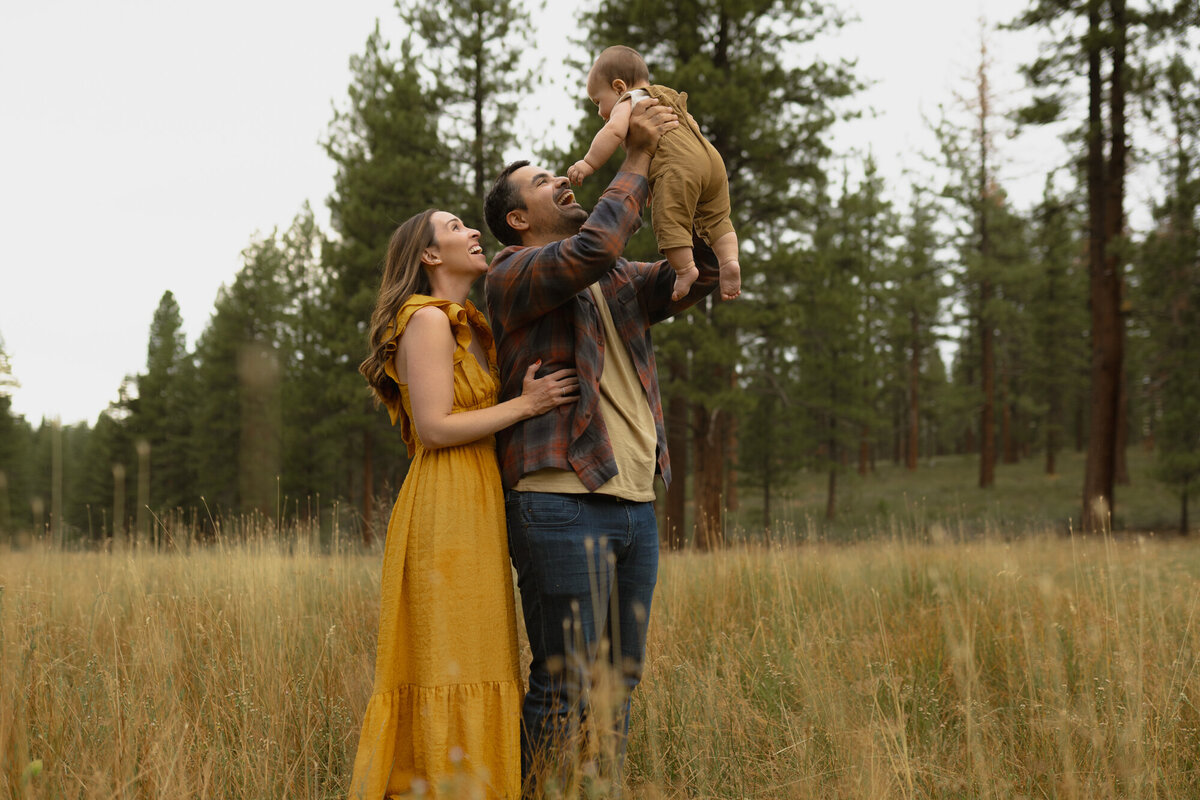 The mom is holding dad from behind as the dad lifts their baby son in the air in a green meadow