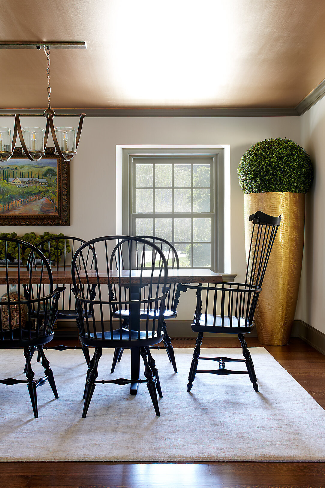 dark neutral room with black metal dining set