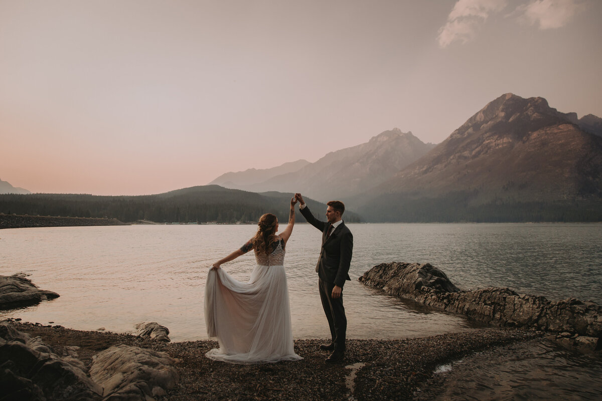 Ashley + Matt - Romantic Summer Sunset Elopement at Lake Minnewanka Banff_-157