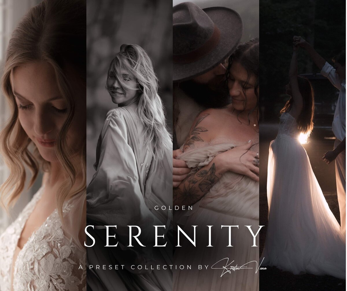 Golden Serenity Preset Collection Bundle – a complete Lightroom preset pack featuring warm tones, soft neutrals, moody edits, black and white options, and film-inspired looks for photographers shooting weddings, elopements, and lifestyle sessions.