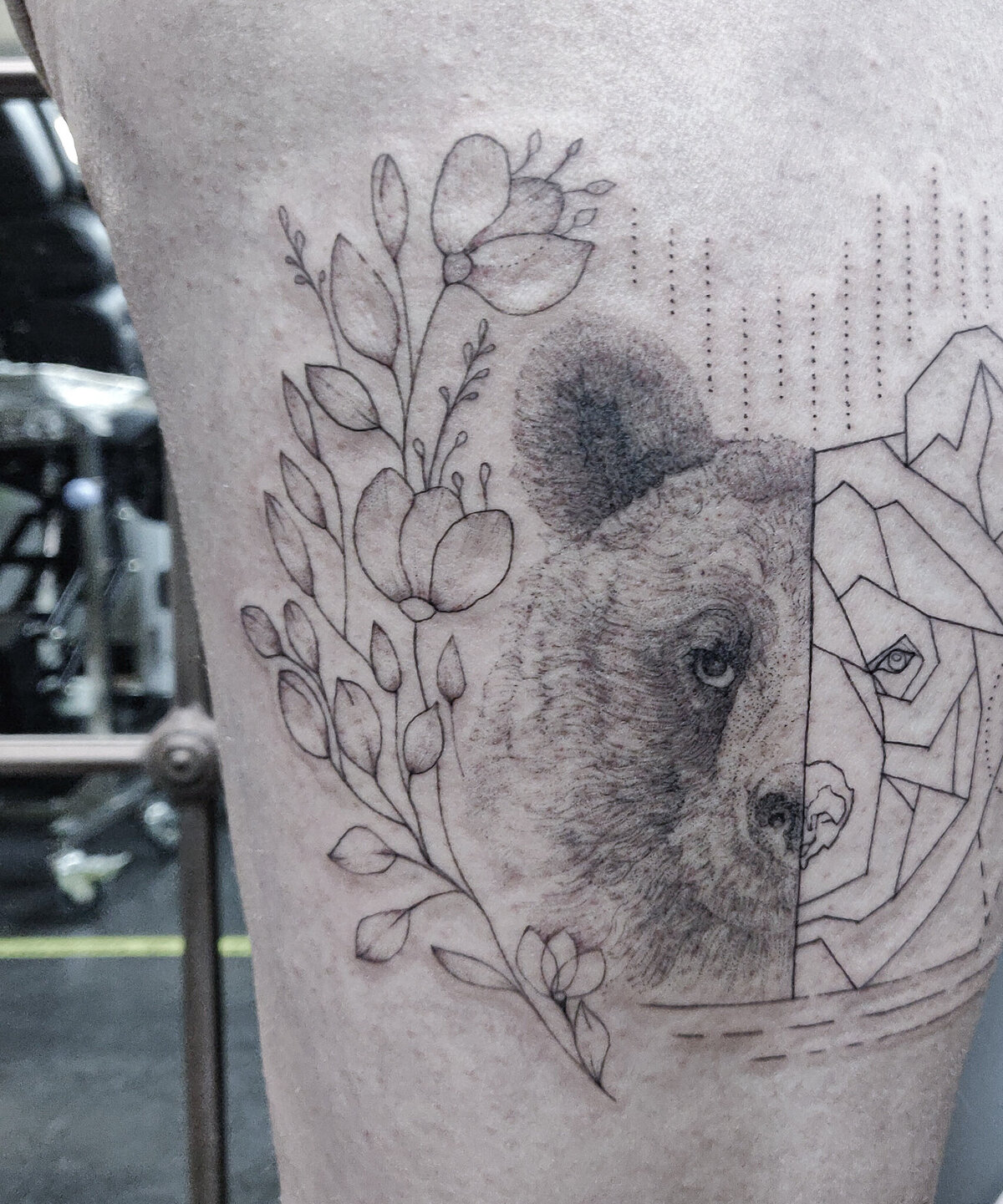 bear tattoo, dotwork tattoo, geometric tattoo, organic tattoo