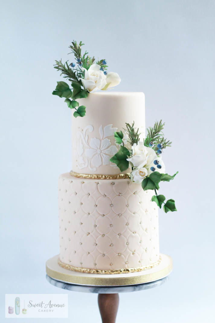 winter wedding cake with lace and evergreens, Hamilton ON wedding cakes