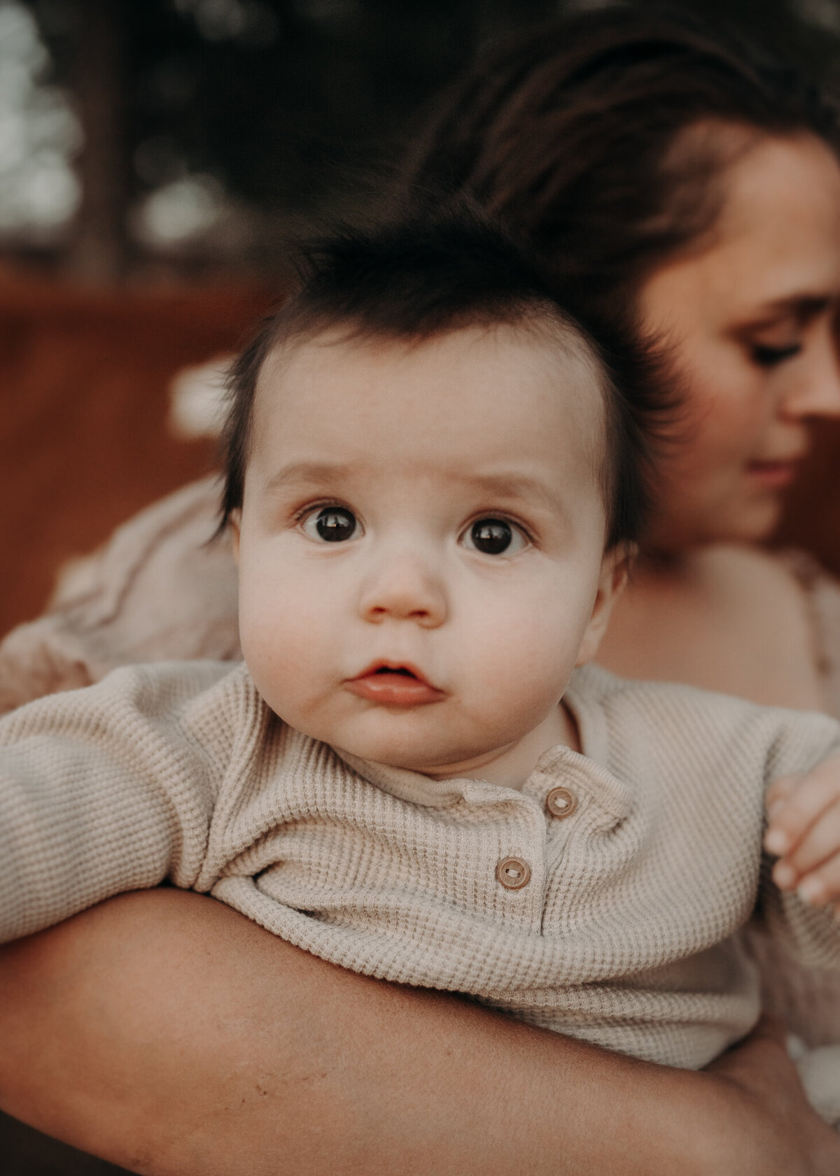 A six month old baby boy with chubby cheeks and a perfect complection stares directly into the lens while he is held facing outward by his mom.