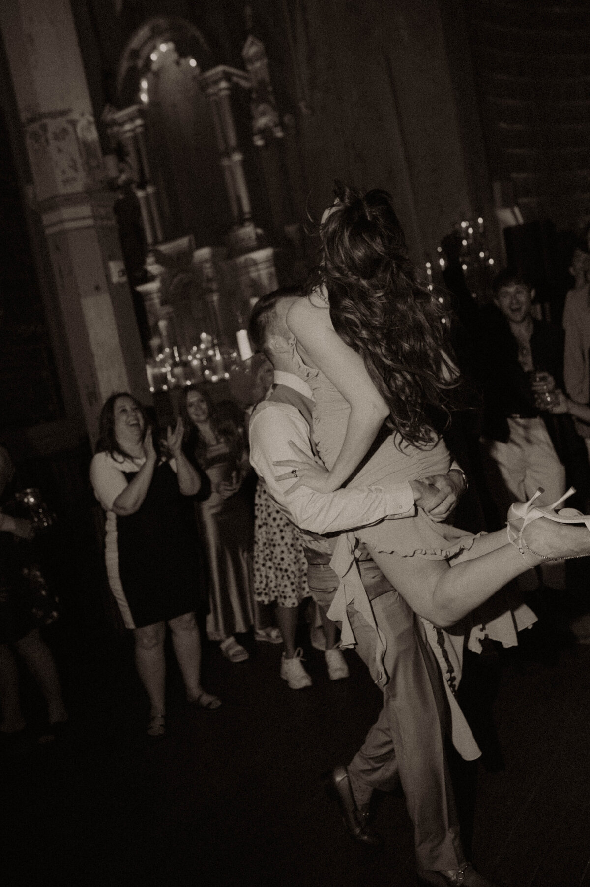 Wedding reception photography off camera flash black-and-white