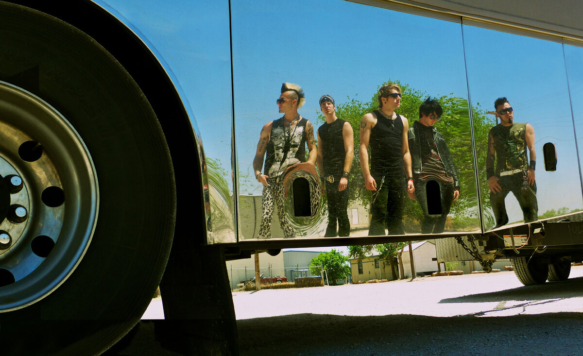 Musical band photo My Darkest Days standing reflection upon tour bus