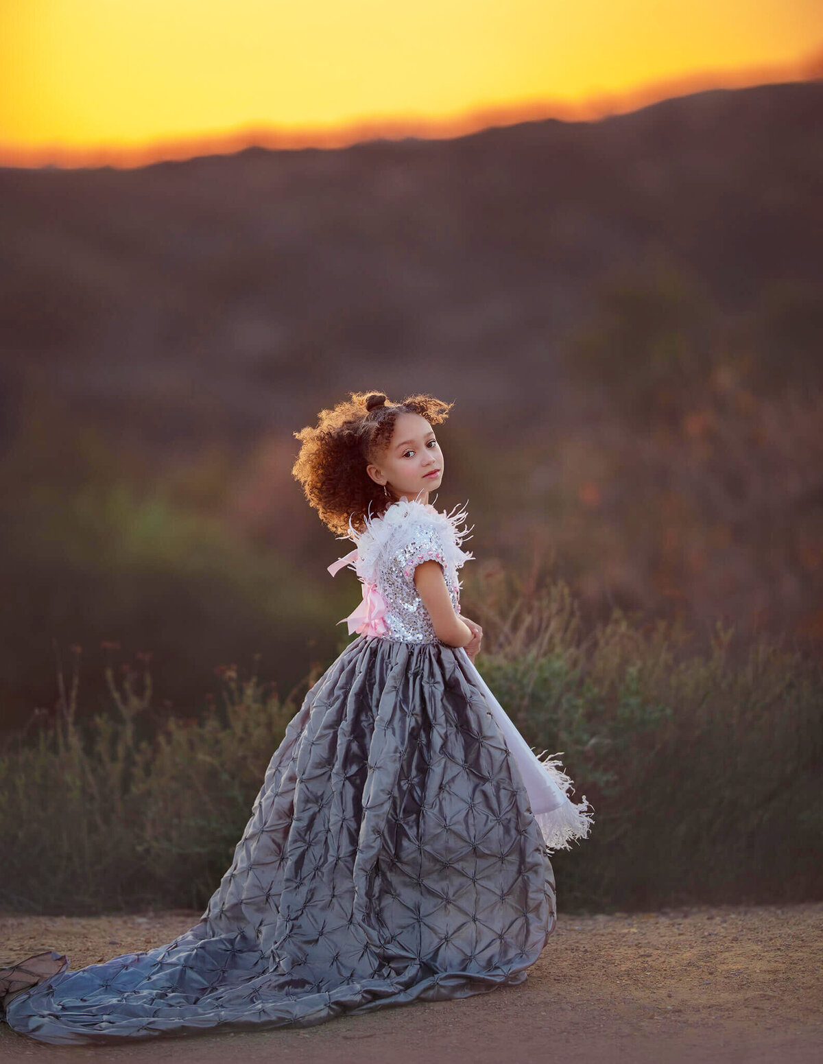 Disney star in a beautiful gown at sunset at Encino park - Los Angeles Children’s Photographer