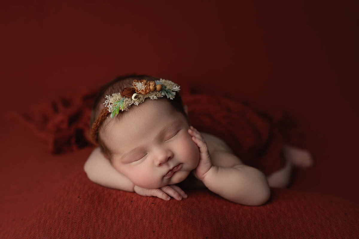 A newborn baby sleeps on her hands in a studio under a red blanket