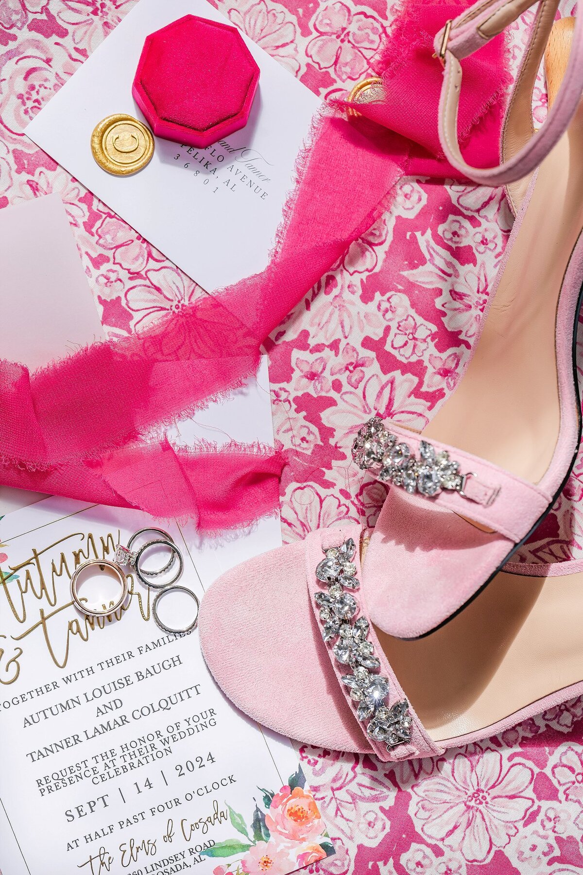 Wedding flat lay with pink details | Elms of Coosada Wedding Photographer 