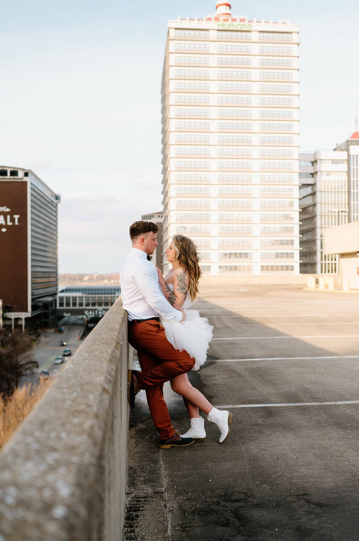 couple on rooftop parking lot taken by nashville engagement photographers
