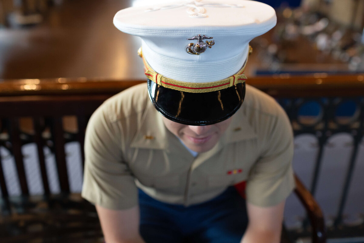Uniform details of Marine Corp Officer hat, cover.