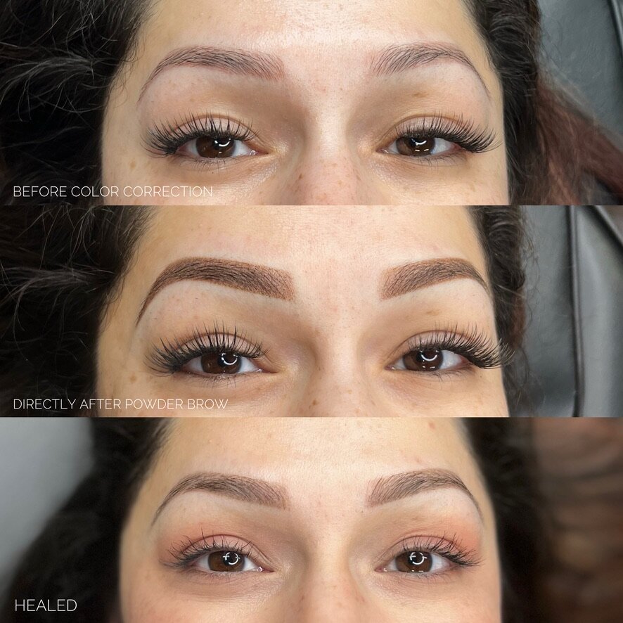Trio of photos showing healing process of powder brow service on woman with brown eyes.
