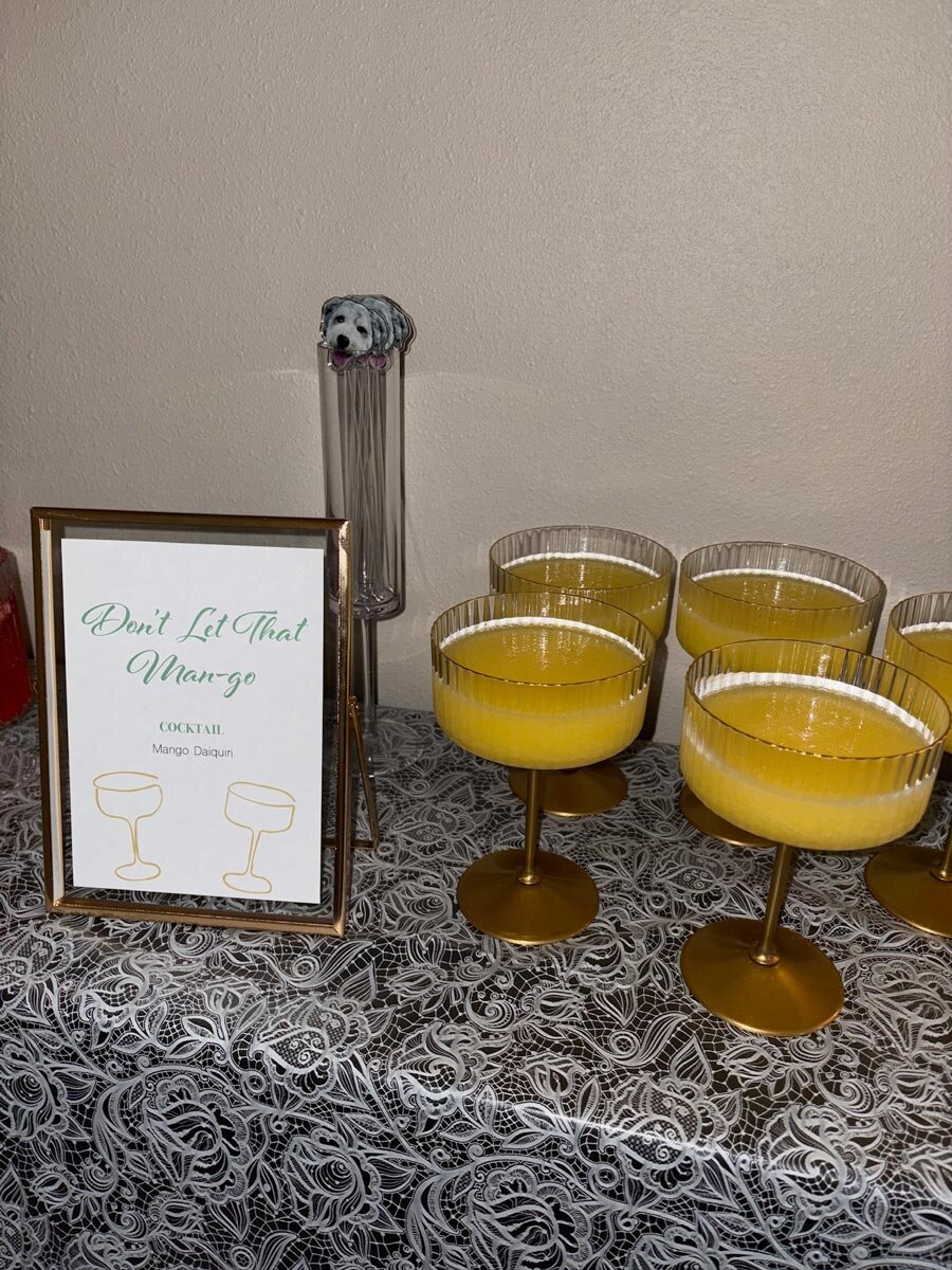 floating frame themed cocktail sign for bachelorette with mango drink ingredients and custom glass illustrations featuring custom pet drink stirrers 