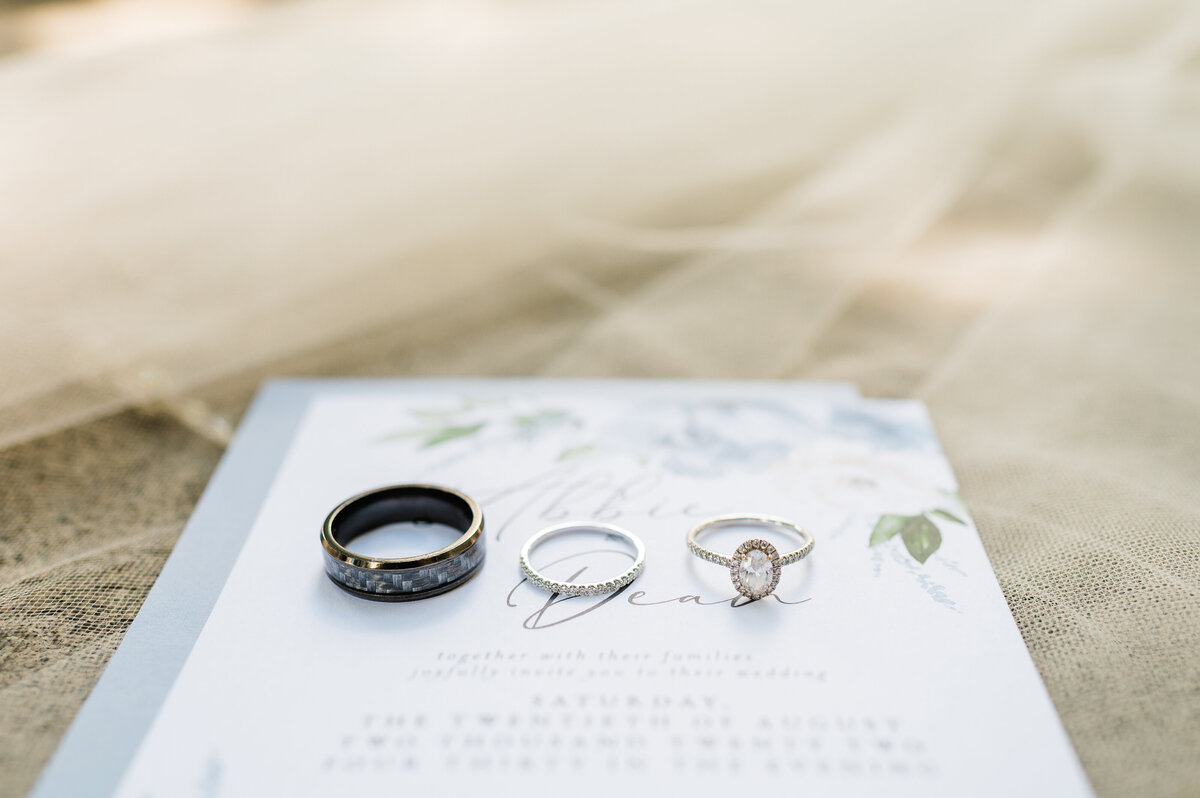wedding rings sitting on an invitation with the brides veil draped in the distance captured by Virginia wedding photographer
