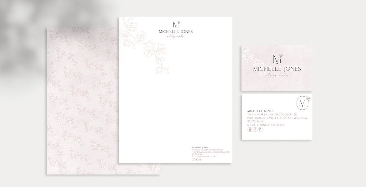 Floral letterhead and business card design for wedding and family photographer Michelle Jones