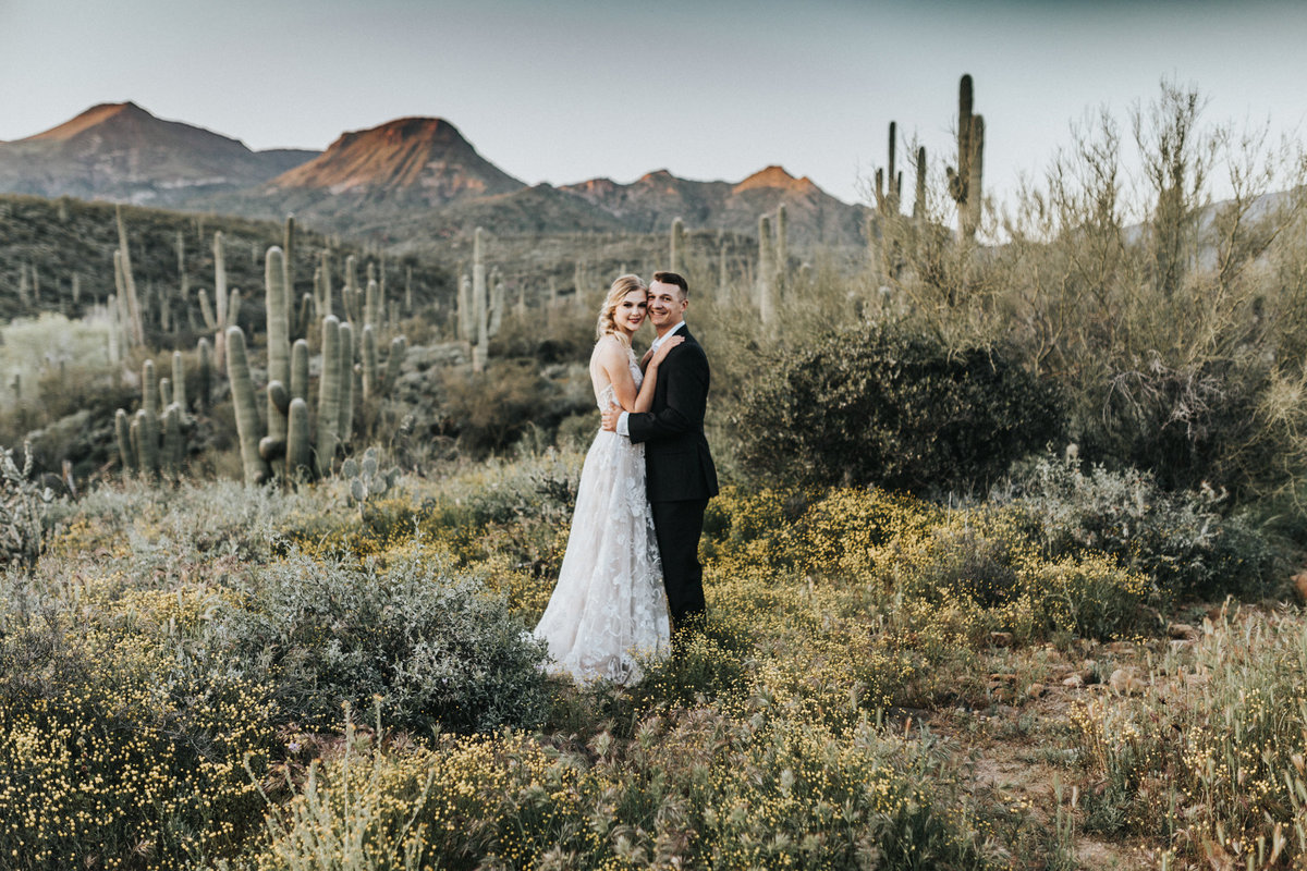 Bride and groom portrait in the desert of Phoenix AZ. Arizona elopement photograher