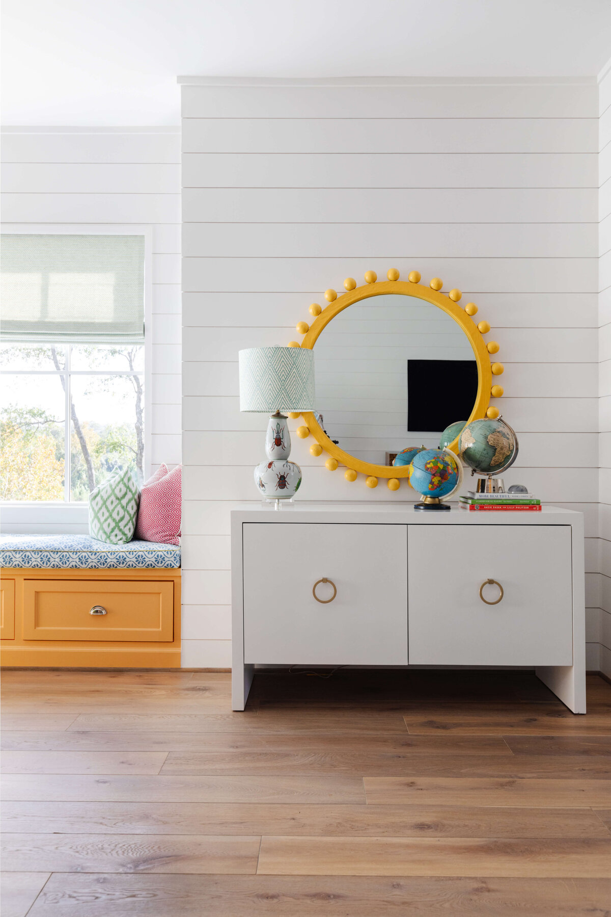 oyster creek studios memorial new build orange window bench and yellow accent mirror white accent table with stroage
