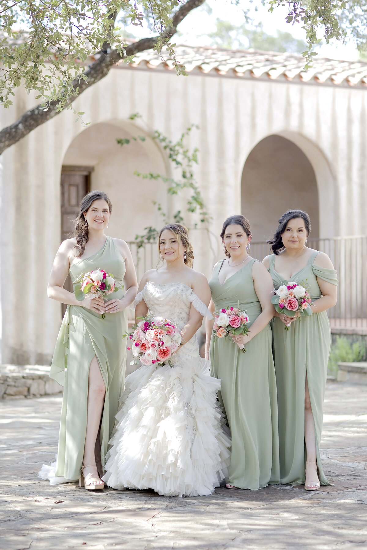 bridesmaids-hill country wedding-sage and pink wedding colors-lost mission-texas wedding photographer