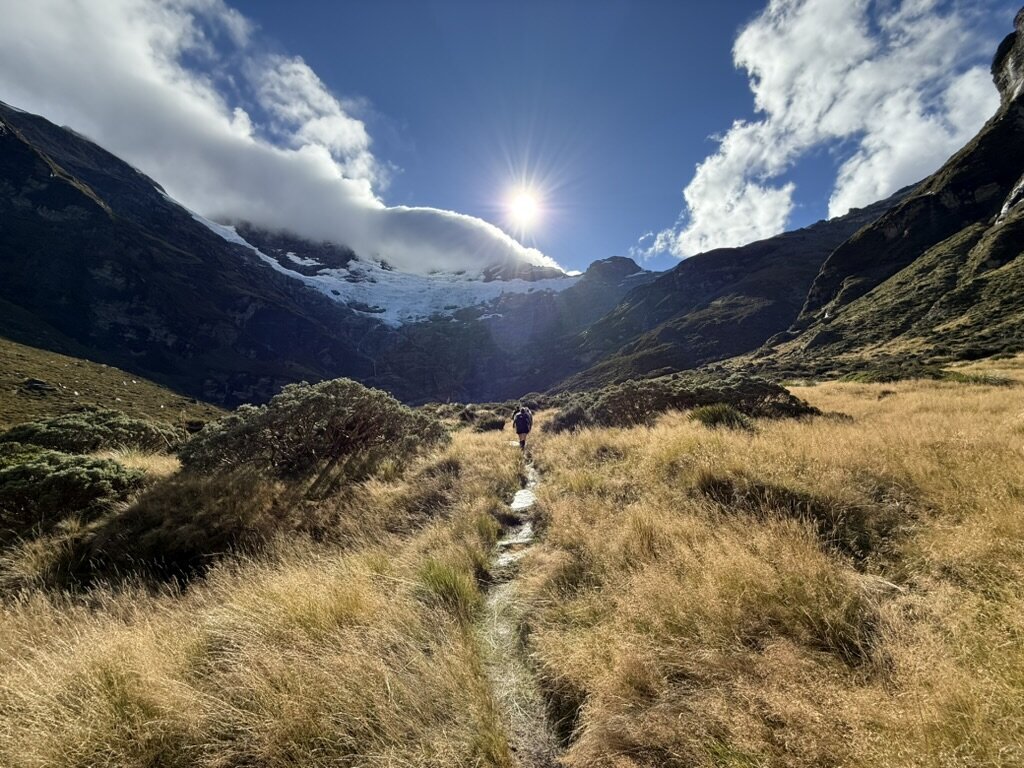 Walkers trekking up through a path in the Queenstown mountains.
