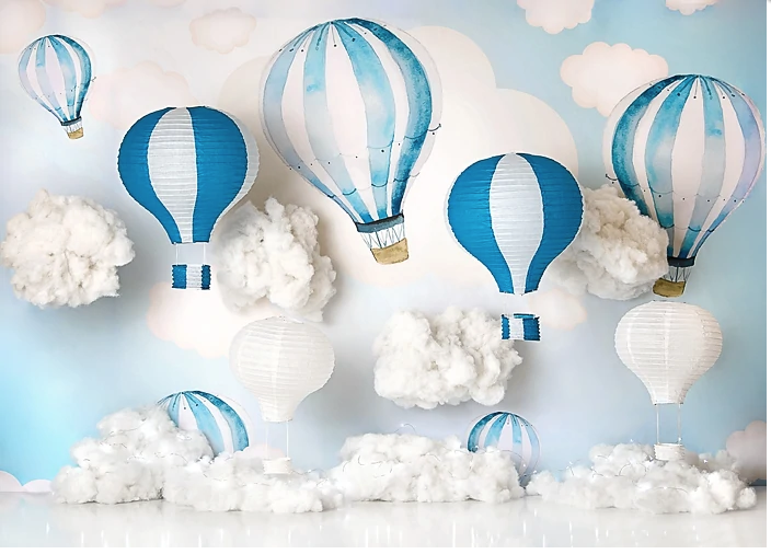 Newborn Backdrop white and blue hot air balloons