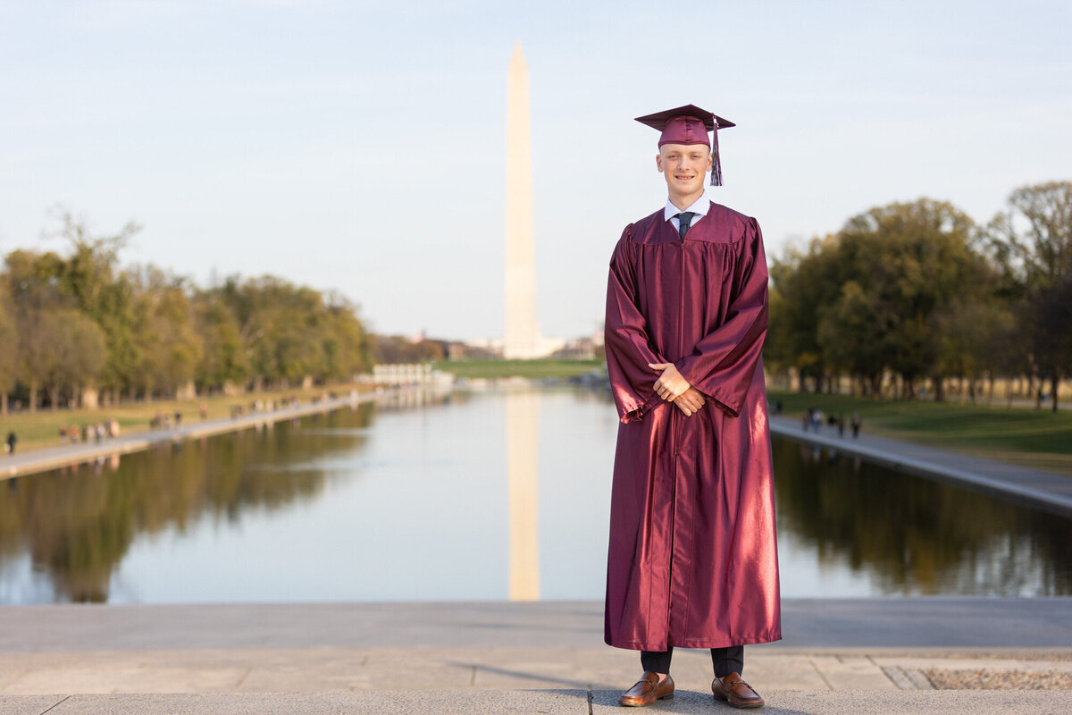 High School Graduation Photo in Washington D.C. at the Lincoln Memorial overlooking the Washington Monument