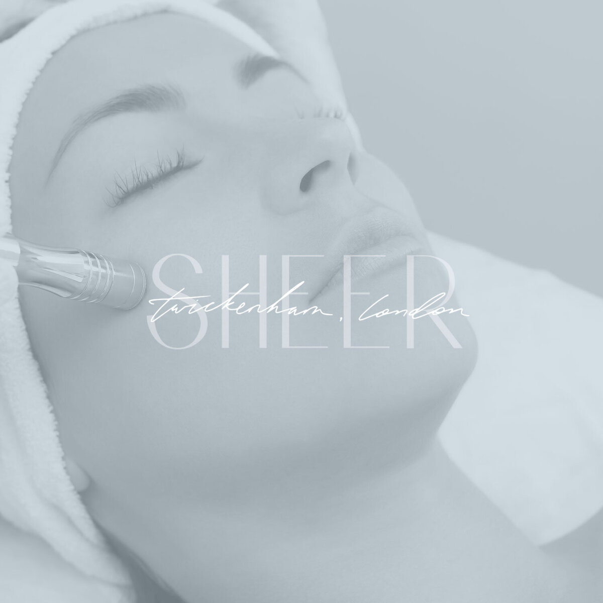 White brand logo variation overlaid on soft-toned beauty image for Sheer Skin Clinic
