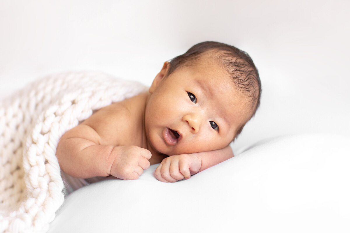 Wide awake newborn baby boy lying on his stomach and facing the camera, with bright eyes and soft lighting taken by Philadelphia Newborn Photography Studio Ivory Tree