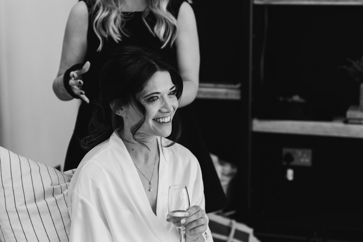 Bride getting ready at Cawthorn Hall York in black and white