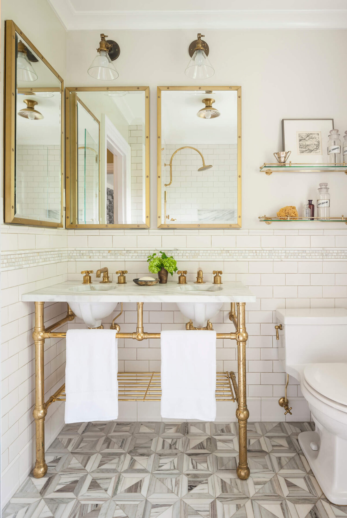 Double-console-vanity-aged-brass-hardware-three-mirrors