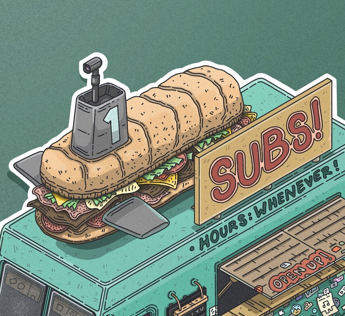 illustration of a giant sub sandwich with submarine gear attached on top of a food truck