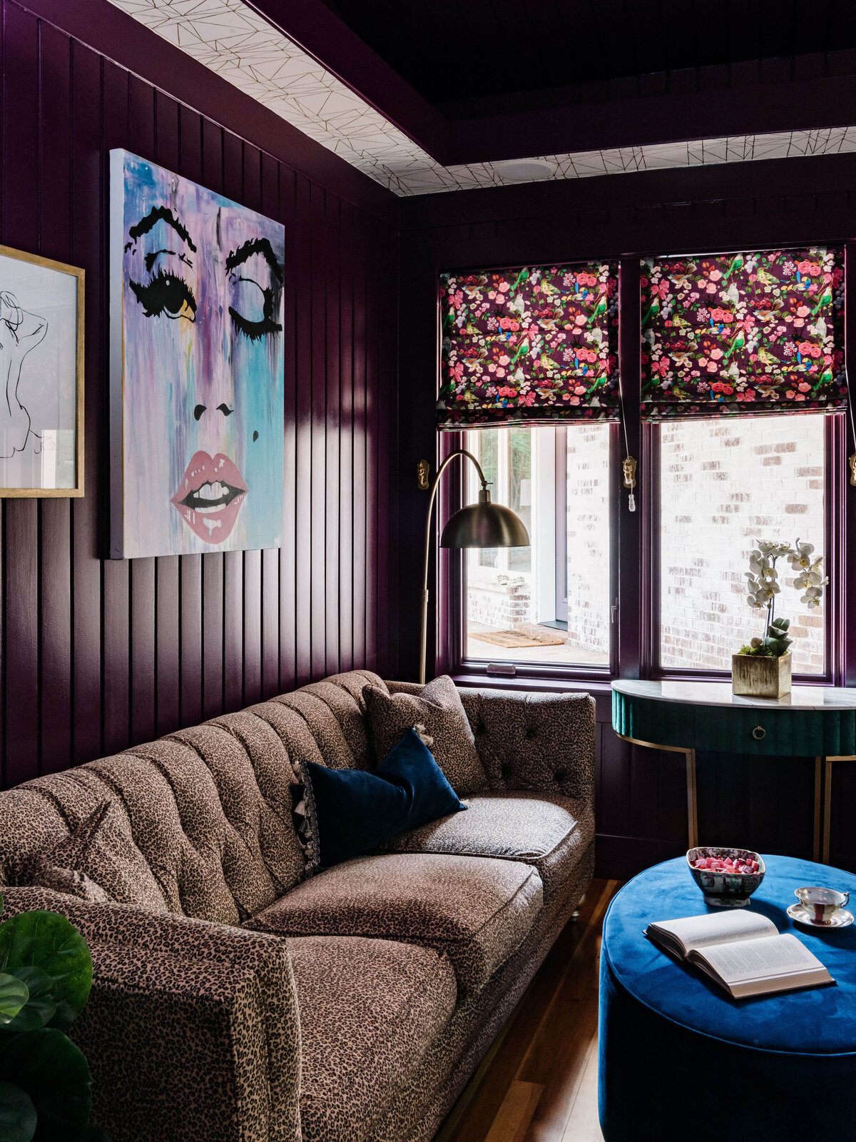 sweet southern home merry maximalism painting with shiplap wall and blue ottoman