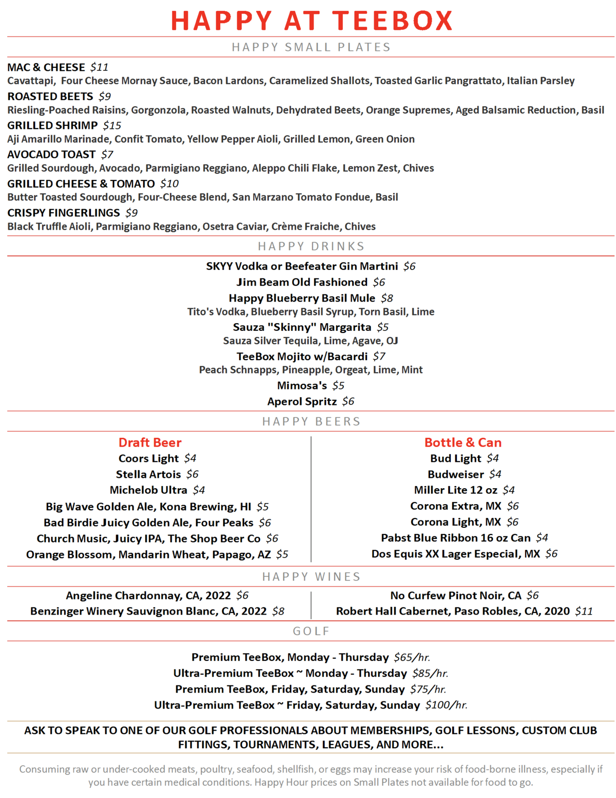 Menu | TeeBox Indoor Golf Club