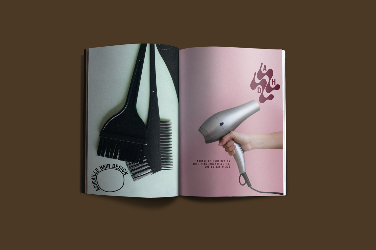 magazine mockup with ads for asheville hair design one with hair styling tools and one with a blowdryer