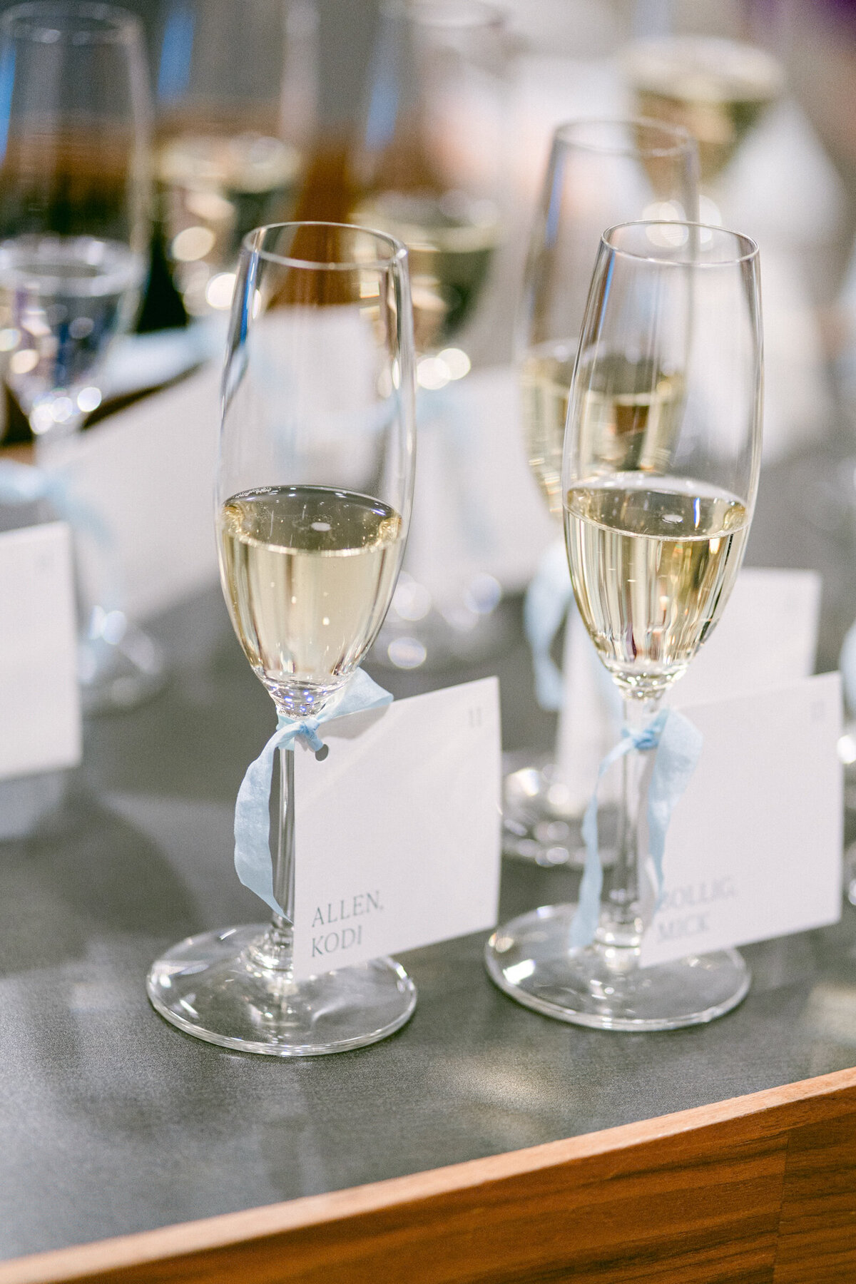 A wedding day photo of champagne filled fluets at Crystal Bridges Museum of American Art