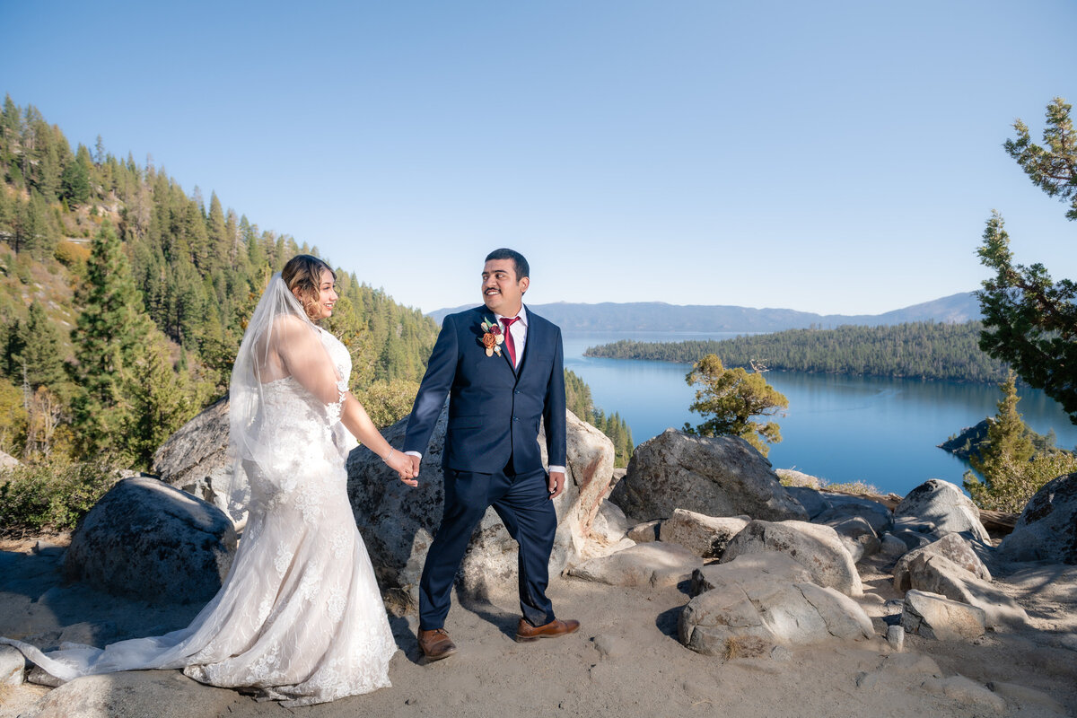 Bride and Groom eloping at South Lake Tahoe Emerald Bay during sunrise.