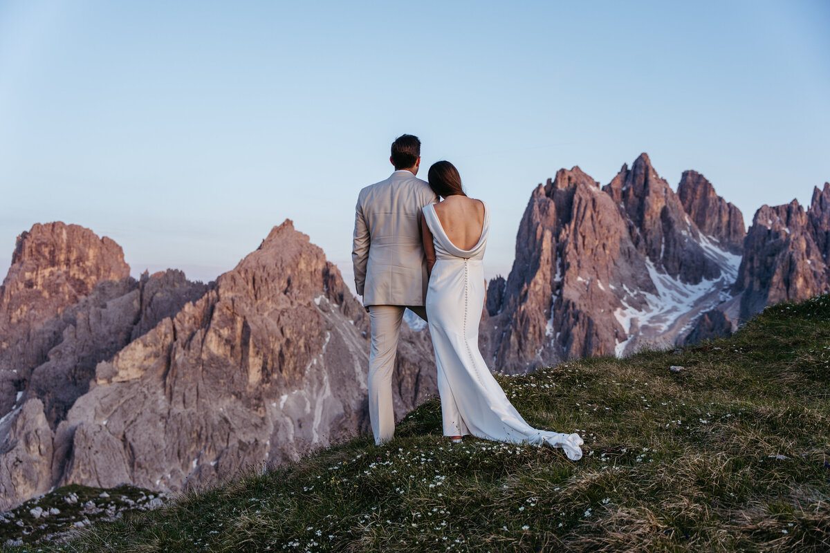 Sweet couple intimate mountain top elopement Tre Cime Dolomites