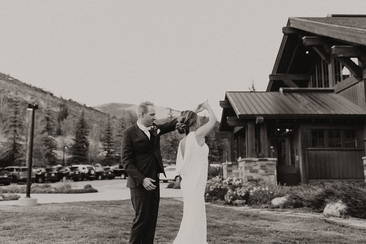 Black and white photo of Alana and Ryan dancing on their wedding day