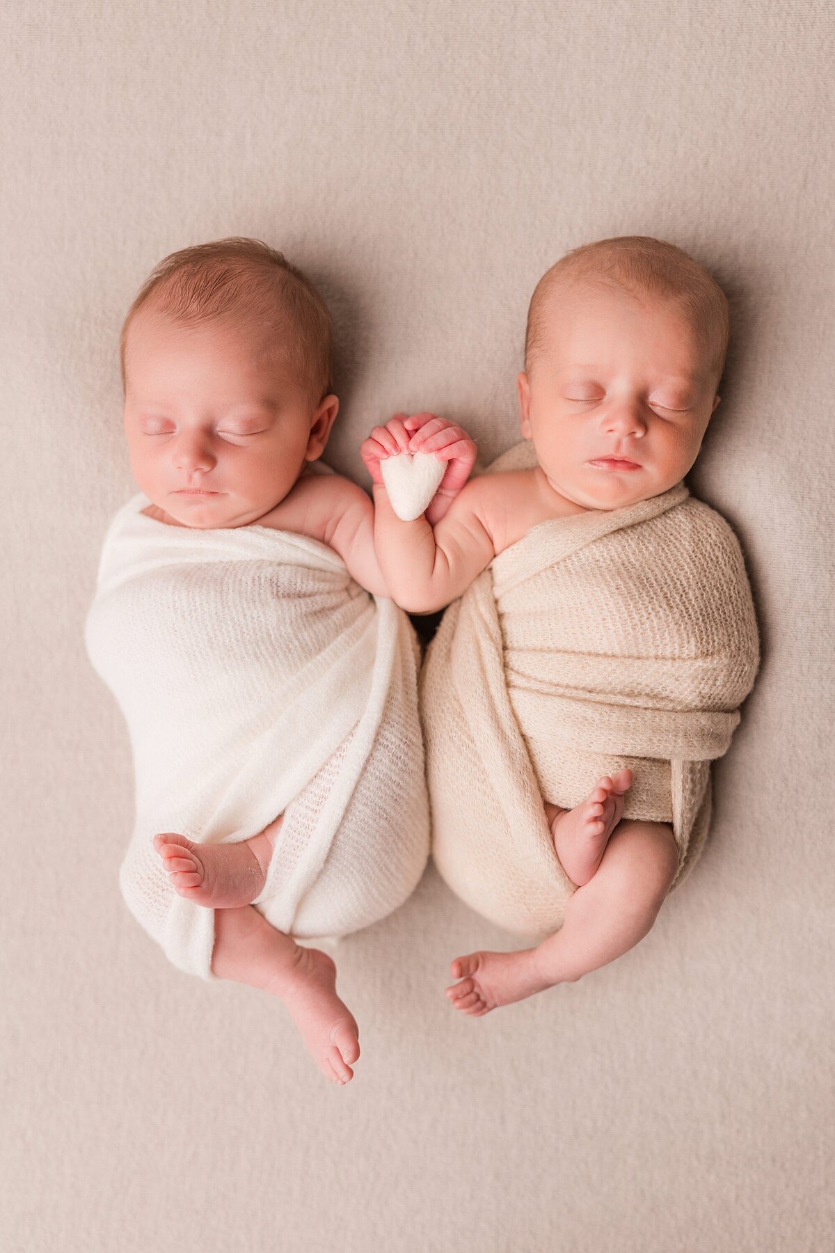 twin newborns holding  hands with a heart