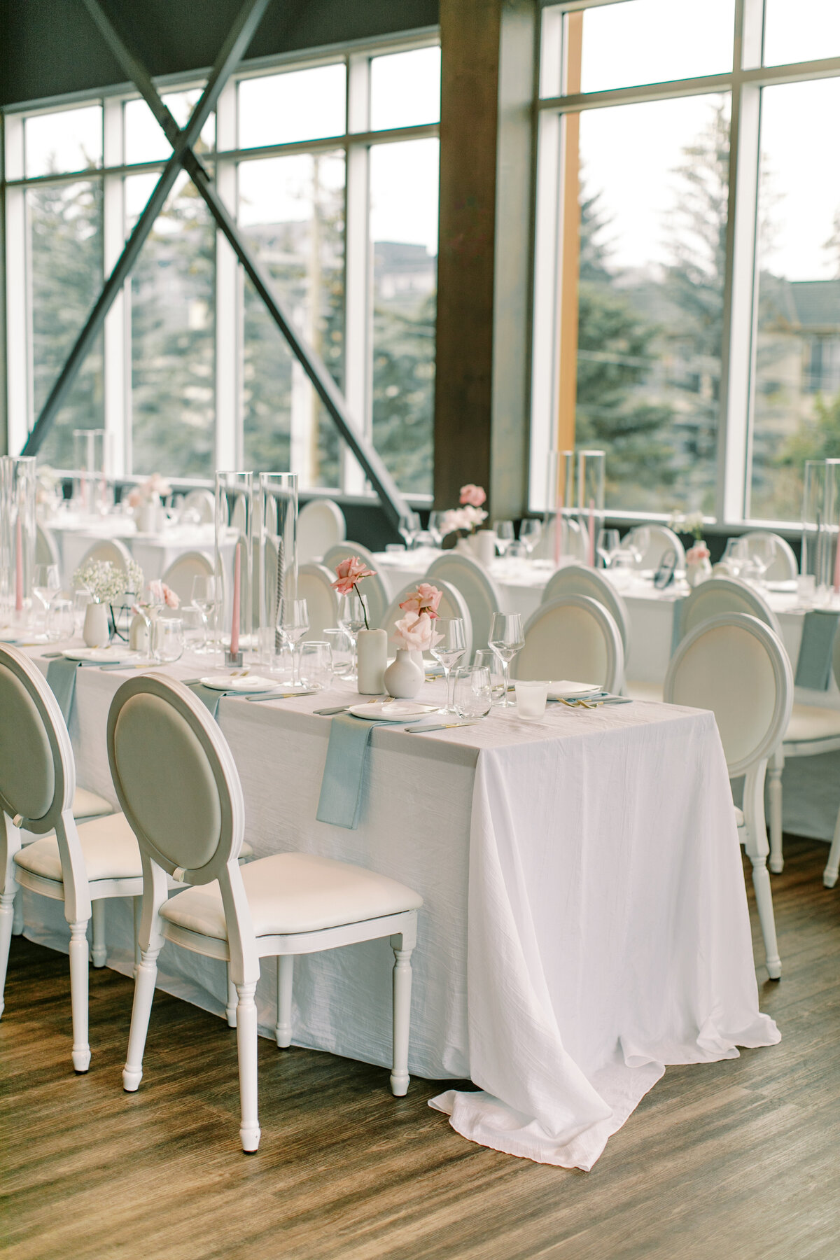 Modern Chic Wedding at The Sensory in Canmore Alberta, designed and planned by Rebekah Brontë, with a colour palette of fresh white, smoke grey, blush pink, and subtle seafoam.