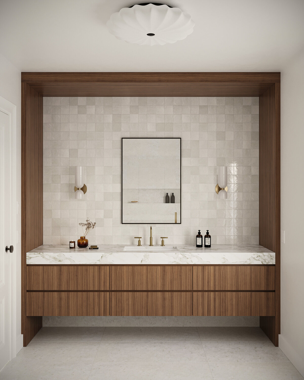 bathroom with walnut cabinets visualization