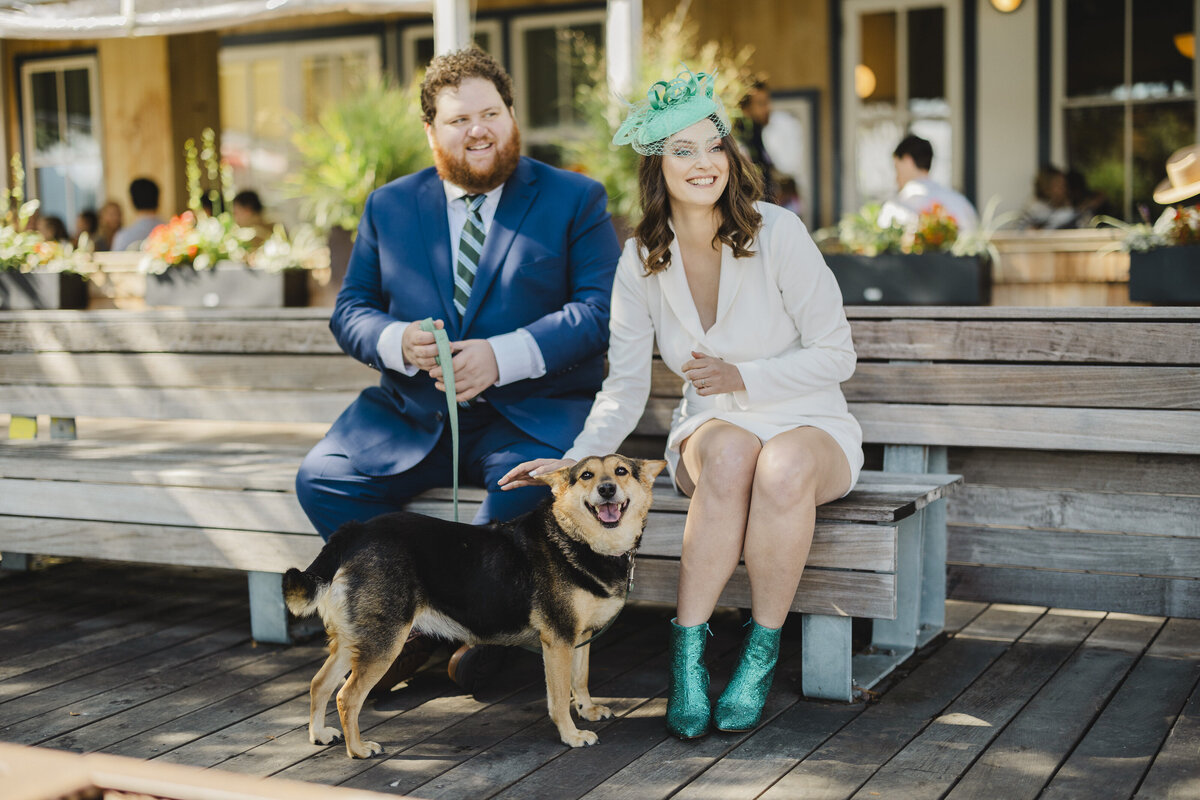 A newlywed couple sitting on a wooden bench with their dog at their feet 