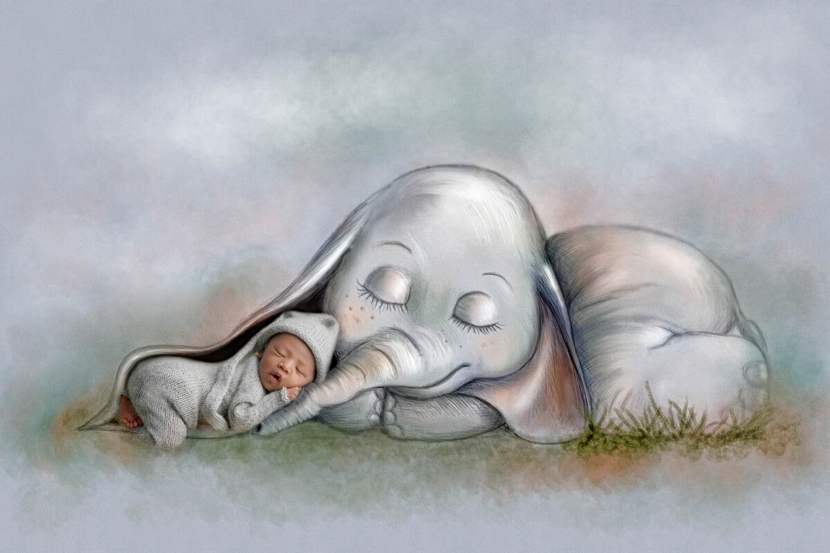 Newborn sleeping next to the image of an elephant
