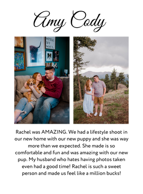 A couple poses for the camera in their home with their dog and outside in an open path.