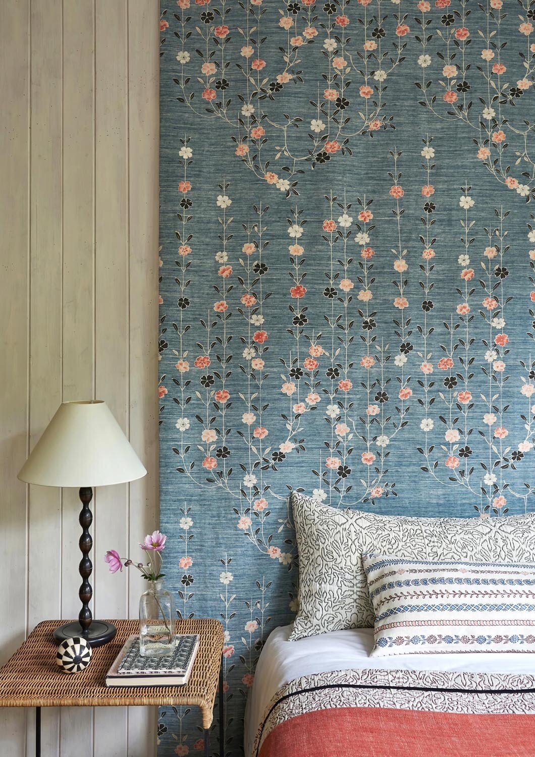 BLOSSOM Coral Sea Fabric Hanging - BANDANA Blue Almond Cushion - Lewis and Wood