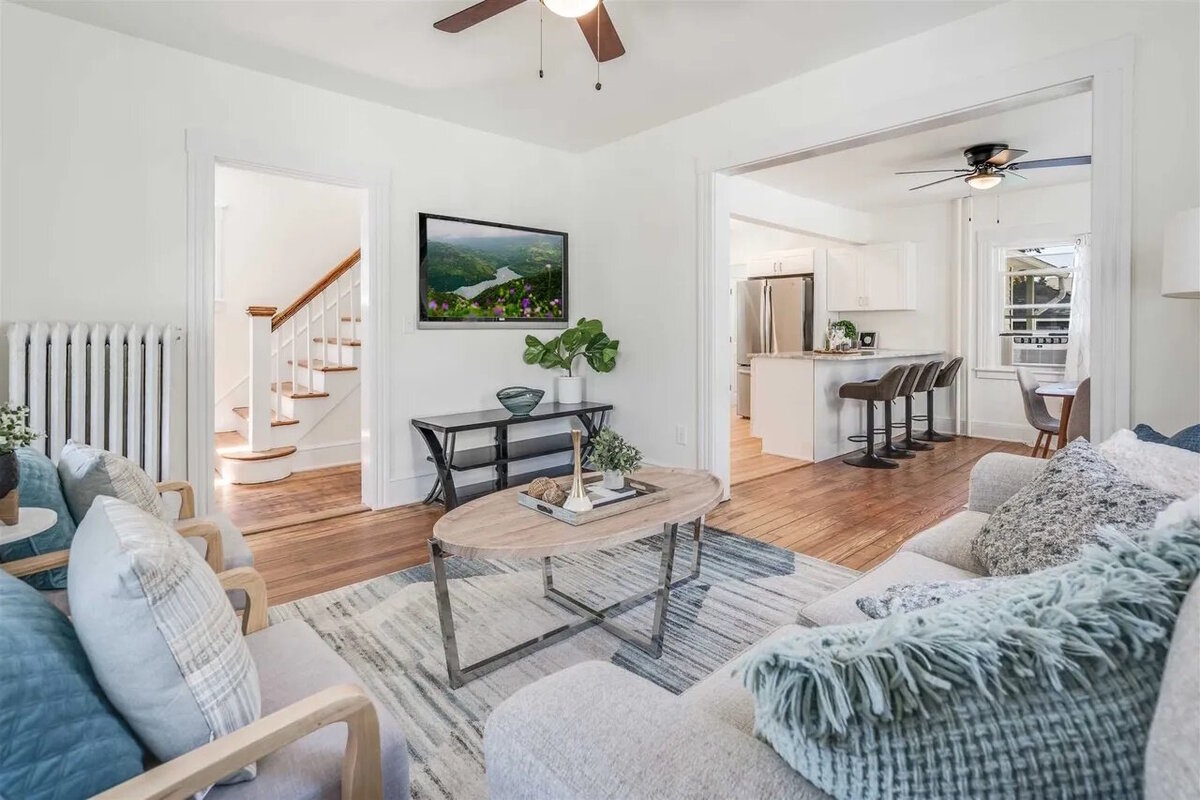 living room with blue accents