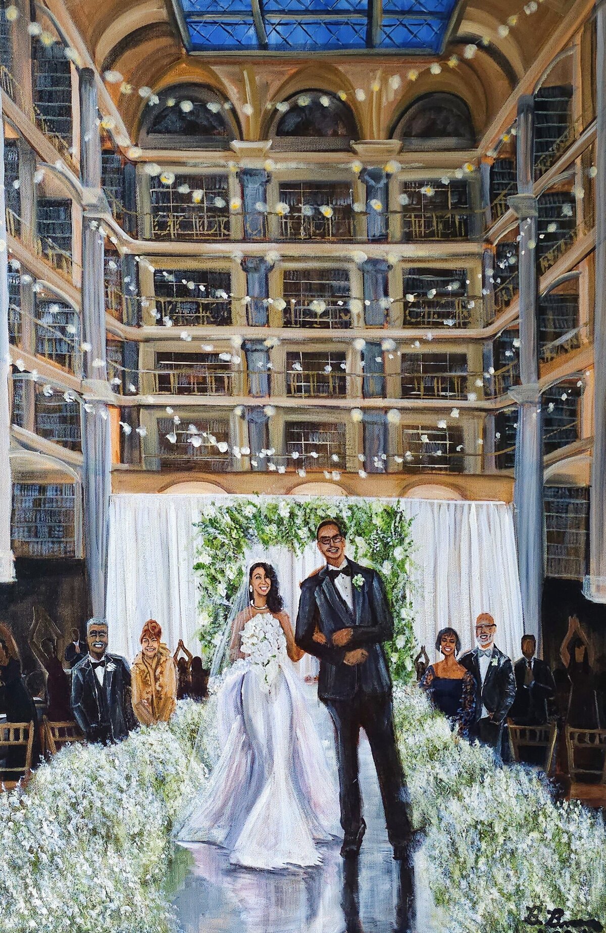 In this live wedding painting by Brittany Branson, the Bride and Groom walk back up the aisle under the soaring ceilings of the George Peabody Library.
