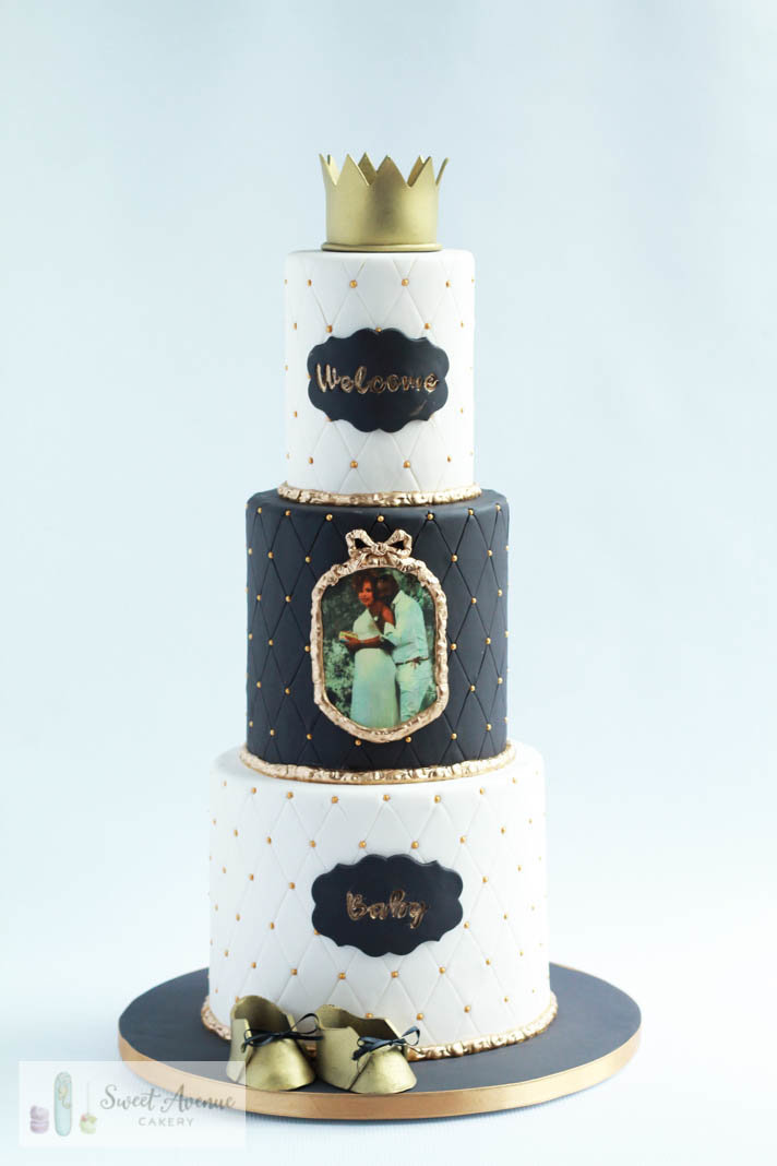 black, white and gold elegant regal baby shower cake