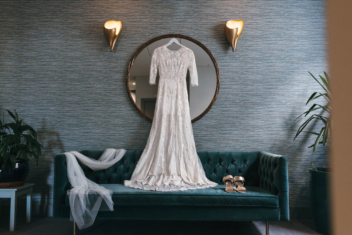 Wedding Dress portrait with blue seaside theme