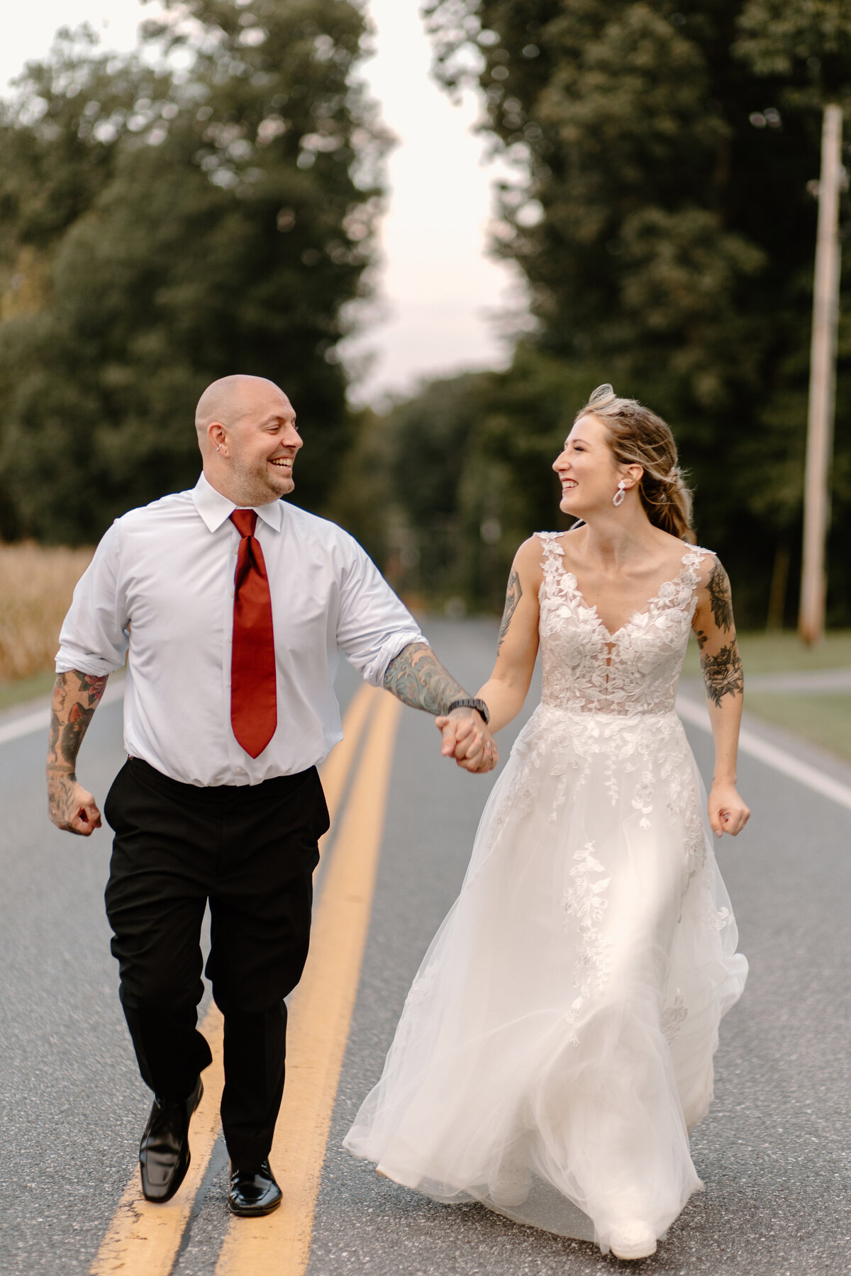 bride and groom in street