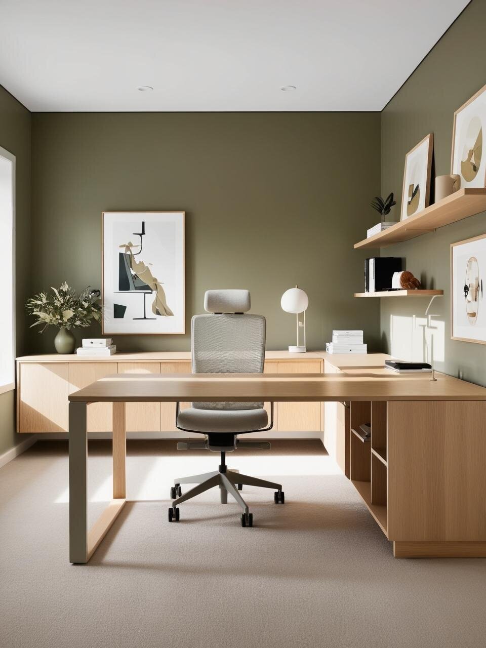 A sophisticated home office with dark sage green walls, light oak furniture, floating shelves, and an office chair. Framed artwork and a vase of native flowers add a refined touch.